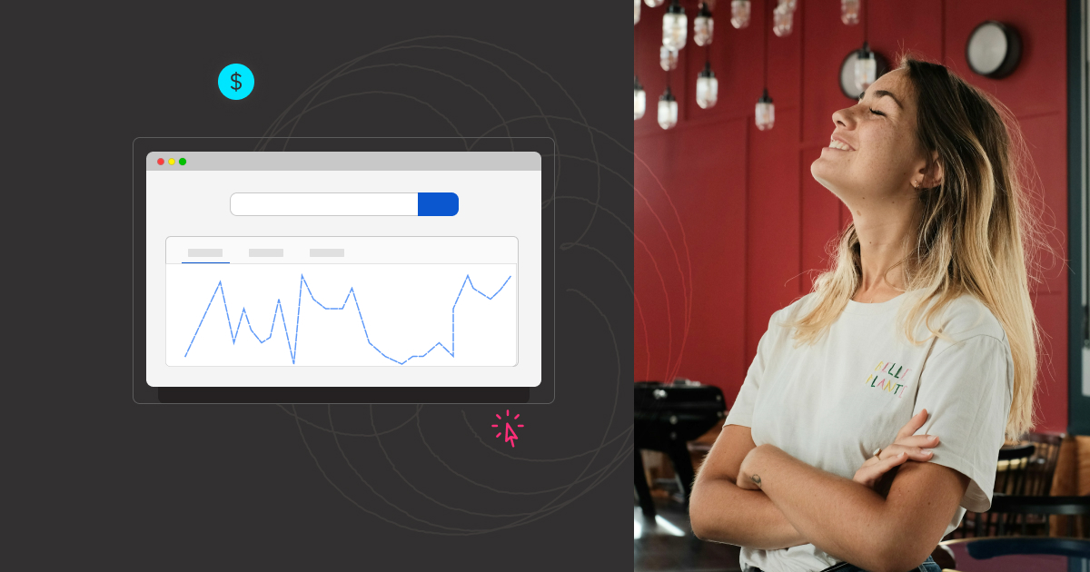 woman smiling and graphic with browser and click cursor